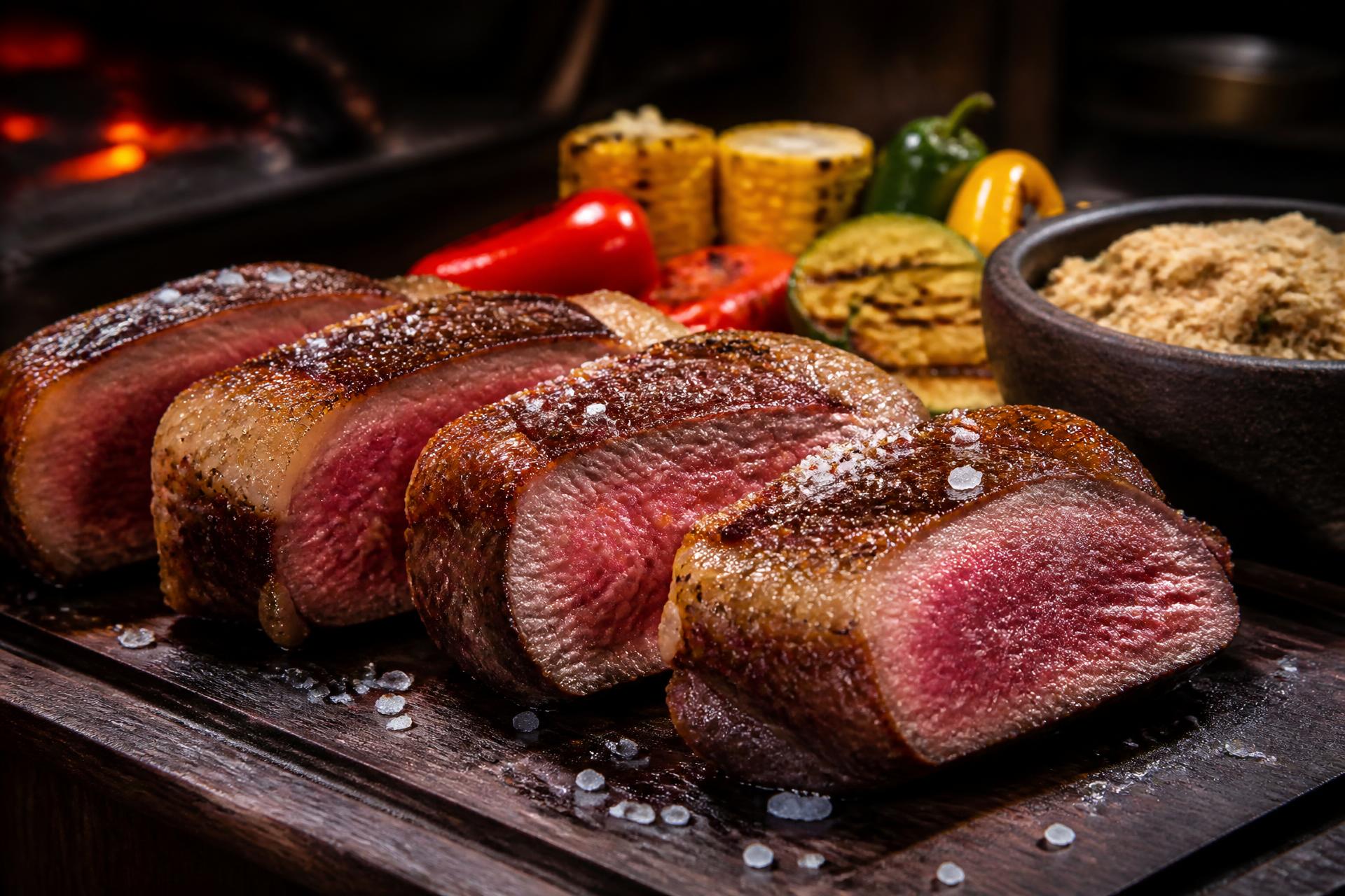Cortes de picanha na brasa fatiados sobre tábua de madeira na Churrascaria Santa Brasa